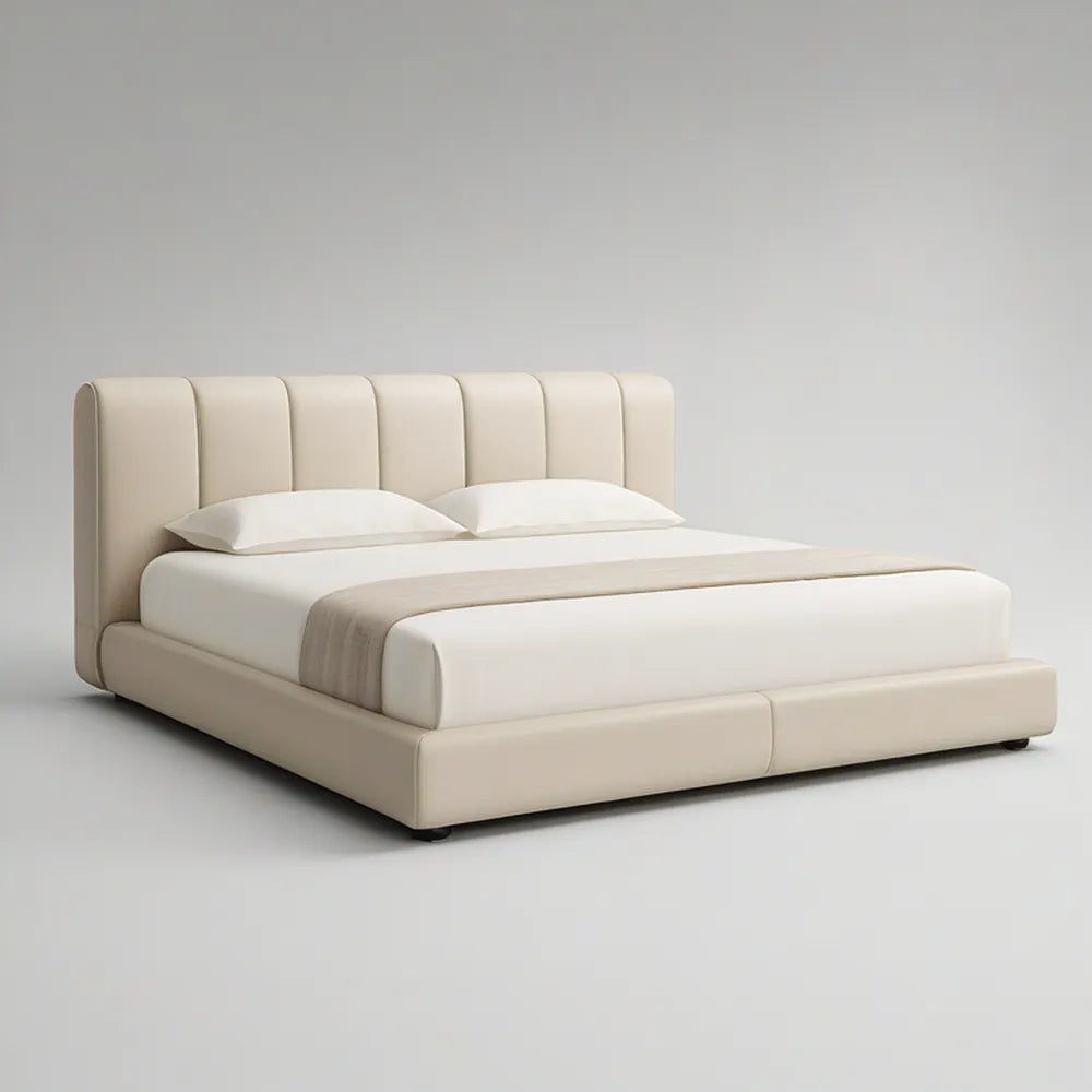 Cama de Casal Estofada Bege em PU para Colchão 160 x 200 cm, 180 x 225 x 115 cm