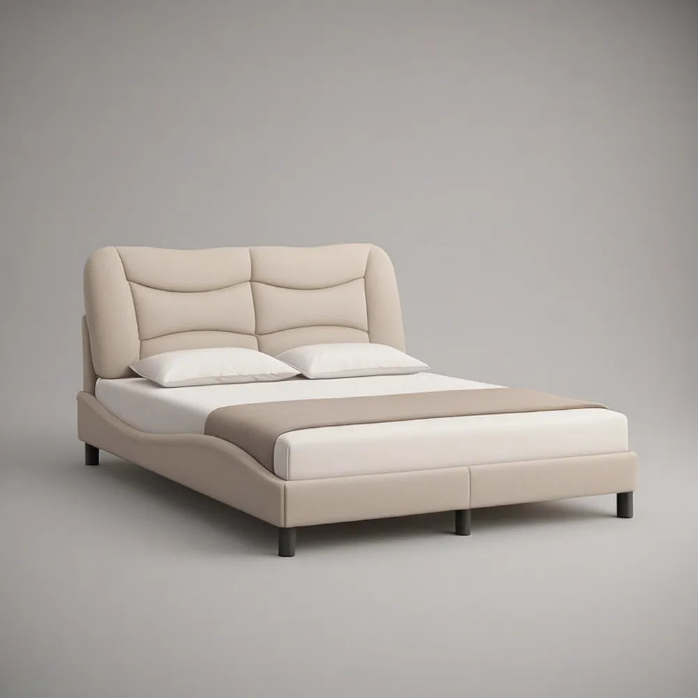 Cama de Casal Estofada 160 x 200 cm com Cabeceira Curva Bege e Pés Pretos