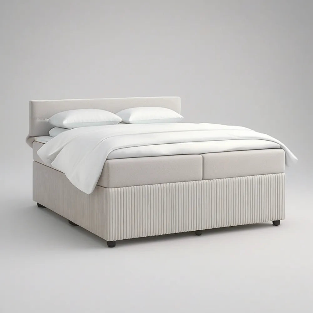 Cama de Casal Estofada em Poliéster Creme com Pés Pretos, 160 x 200 cm
