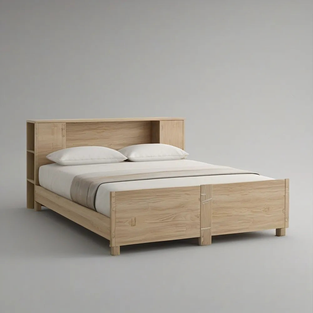 Cama de Casal em MDF Carvalho Claro com Cabeceira e Prateleiras, 160 x 200 cm