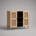 Aparador com 2 Portas em MDF, Carvalho Claro, Rattan Natural e Preto, 90 x 40 x 110 cm