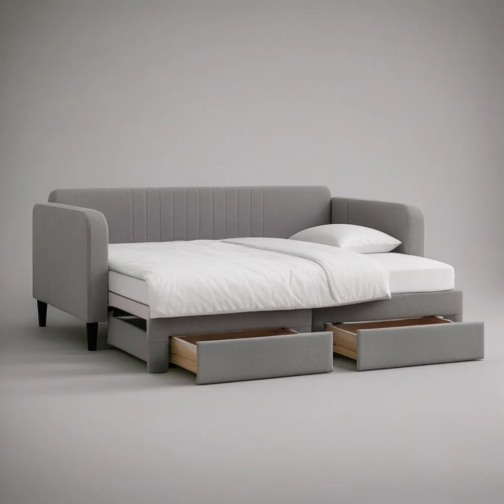 Sofá-cama reto em poliéster cinzento com 2 gavetas, 218 x 96 x 86 cm, cama 140 x 190 cm