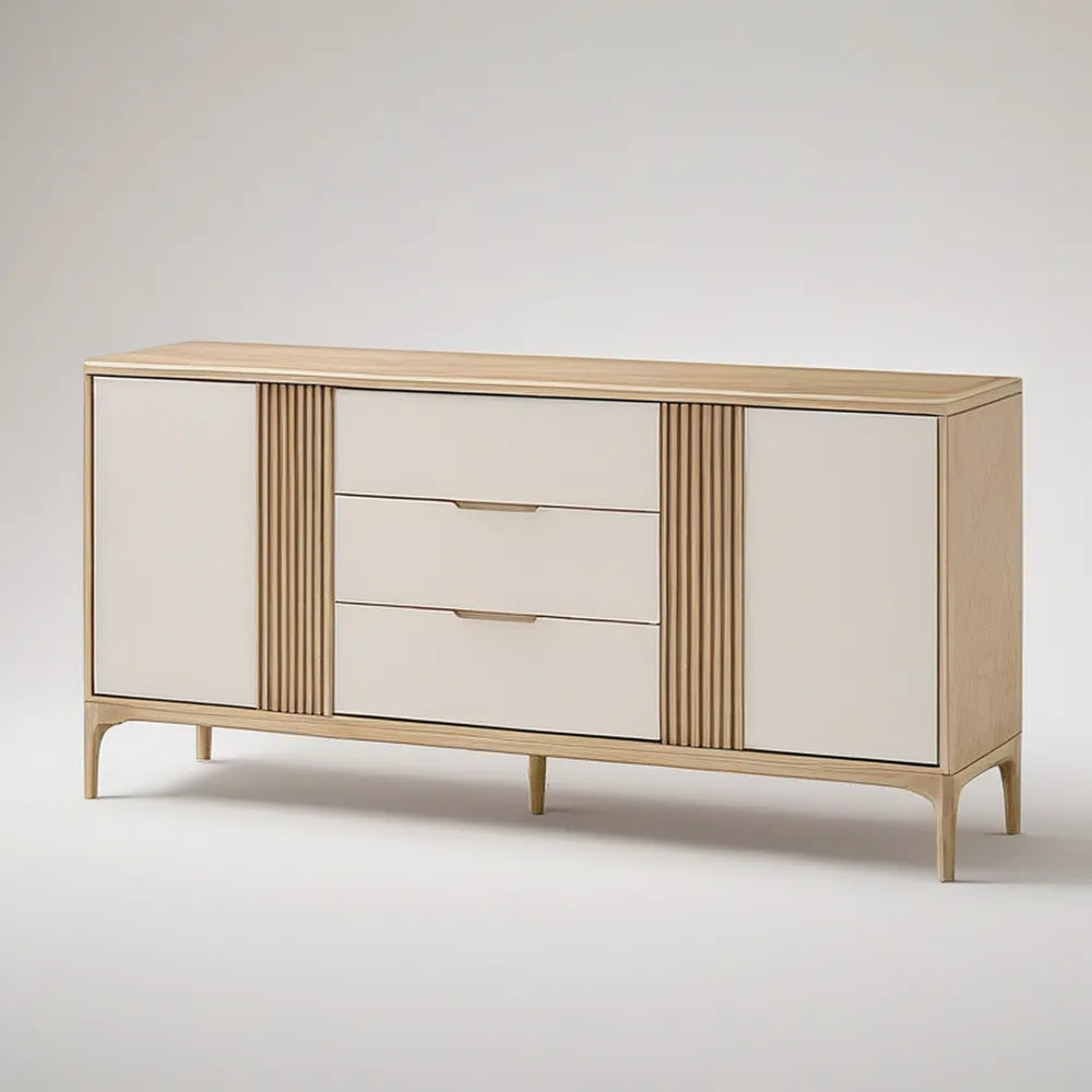 Aparador com 2 Portas e 3 Gavetas em MDF e Madeira Maciça Bege e Madeira Natural Clara 160 x 40 x 85 cm