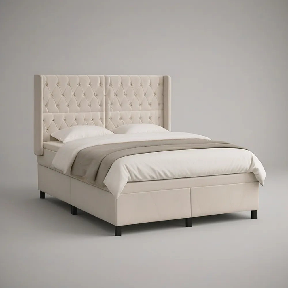 Cama de Casal Estofada 160 x 200 cm em PU Bege Creme com Cabeceira Capitoné