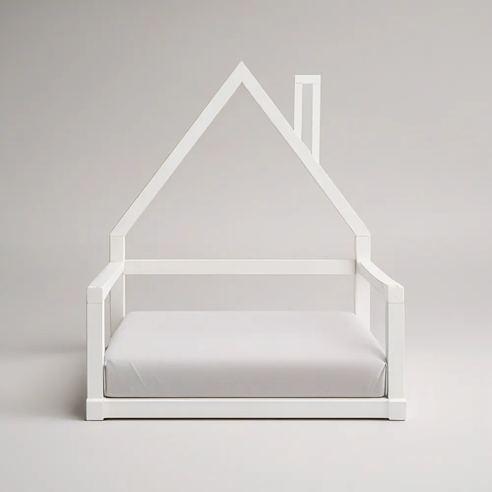 Cama Infantil em Pinho Maciço Branco com Estrutura em Forma de Casa, Colchão 90 x 200 cm