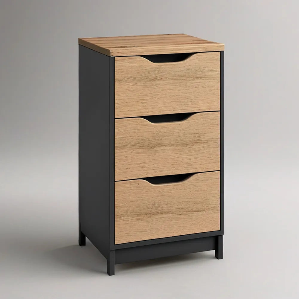 Móvel de Arrumação com 3 Gavetas em MDF Carvalho Natural e Preto, 40 x 40 x 75 cm