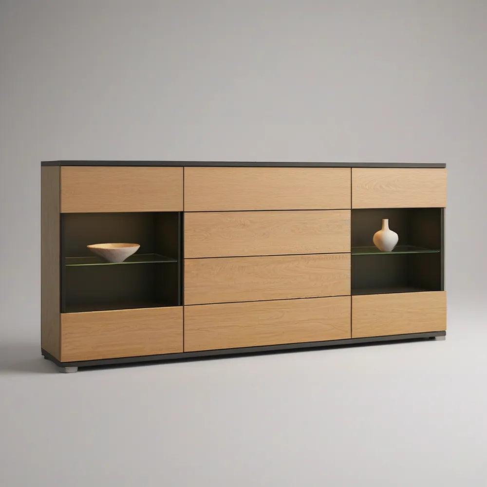 Aparador Retangular em MDF Folheado a Carvalho com 6 Gavetas e Prateleiras de Vidro, 200 x 45 x 90 cm