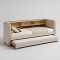 Sofá-cama com cama extensível, prateleiras e iluminação LED, Bege e Madeira Clara, 205 x 100 x 100 cm