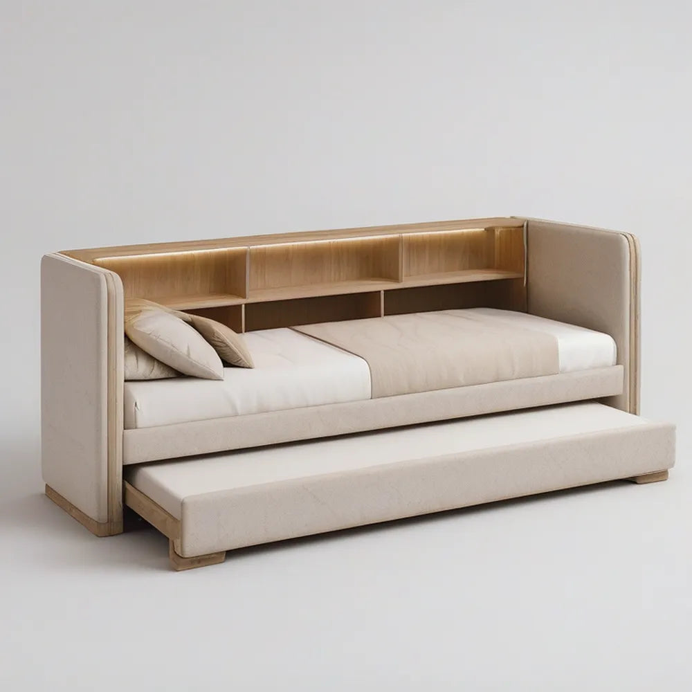 Sofá-cama com cama extensível, prateleiras e iluminação LED, Bege e Madeira Clara, 205 x 100 x 100 cm