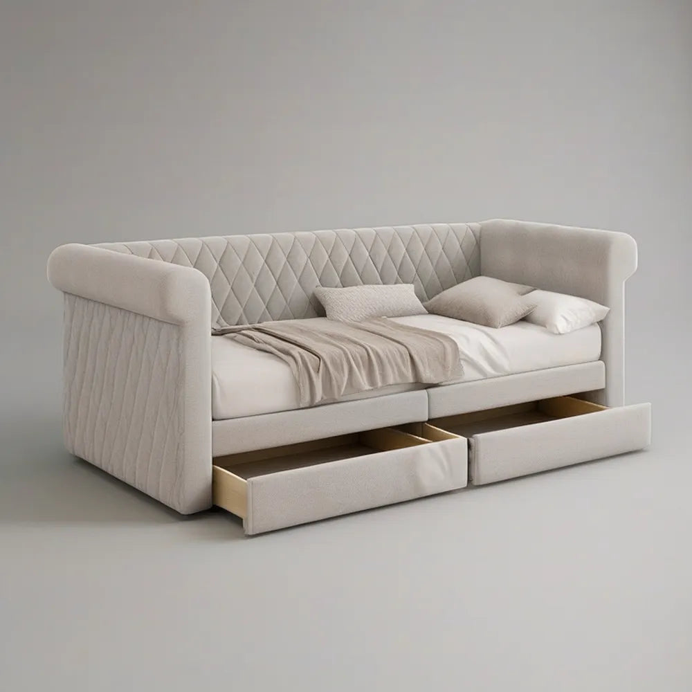 Sofá-cama individual estofado bege com 2 gavetas, para colchão 90 x 200 cm, 220 x 102 x 95 cm